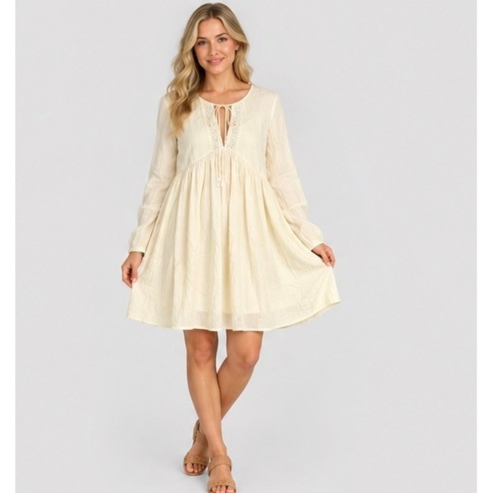 Altered State Womens M Cream Long Sleeve Dress Bell Sleeve Crochet Boho Babydoll